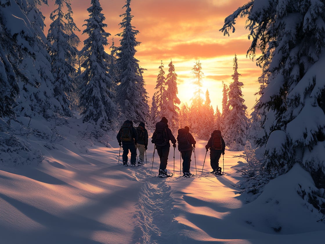 Ryhmä lumikenkäilemässä lumisessa metsässä aurongonlaskun aikaan. Kuva luotu Midjourneyllä.