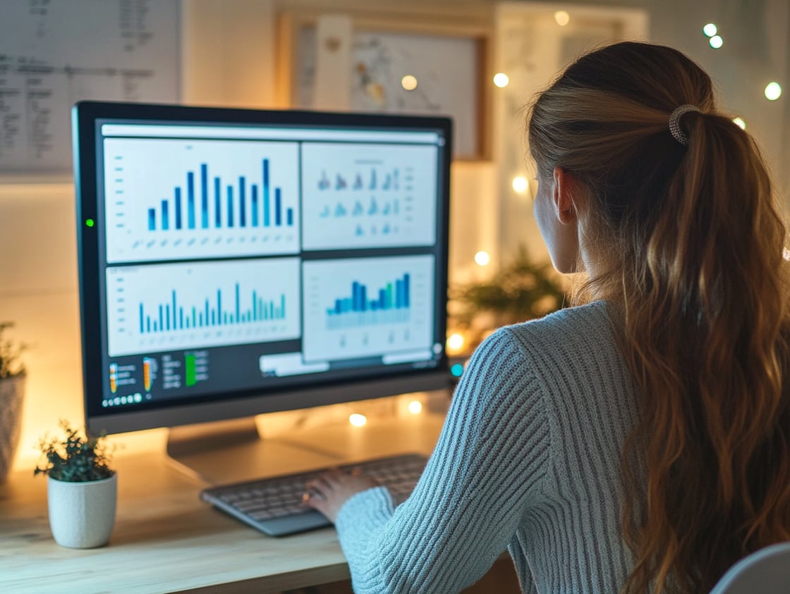 A computer screen showing data graphs and a lady sitting in front of the computer.aa6-b92b-45b2-95c0-316d7b53e3df_2